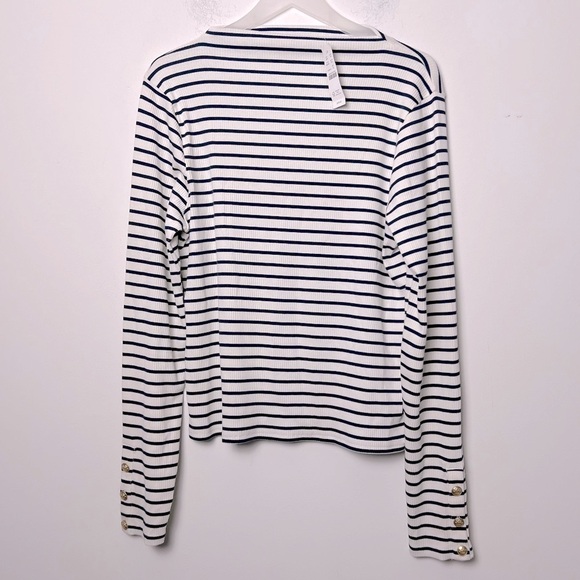 J. Crew Vintage Rib Split Neck T Shirt Stripe Sleeve Buttons Preppy Coastal NEW - Picture 2 of 14
